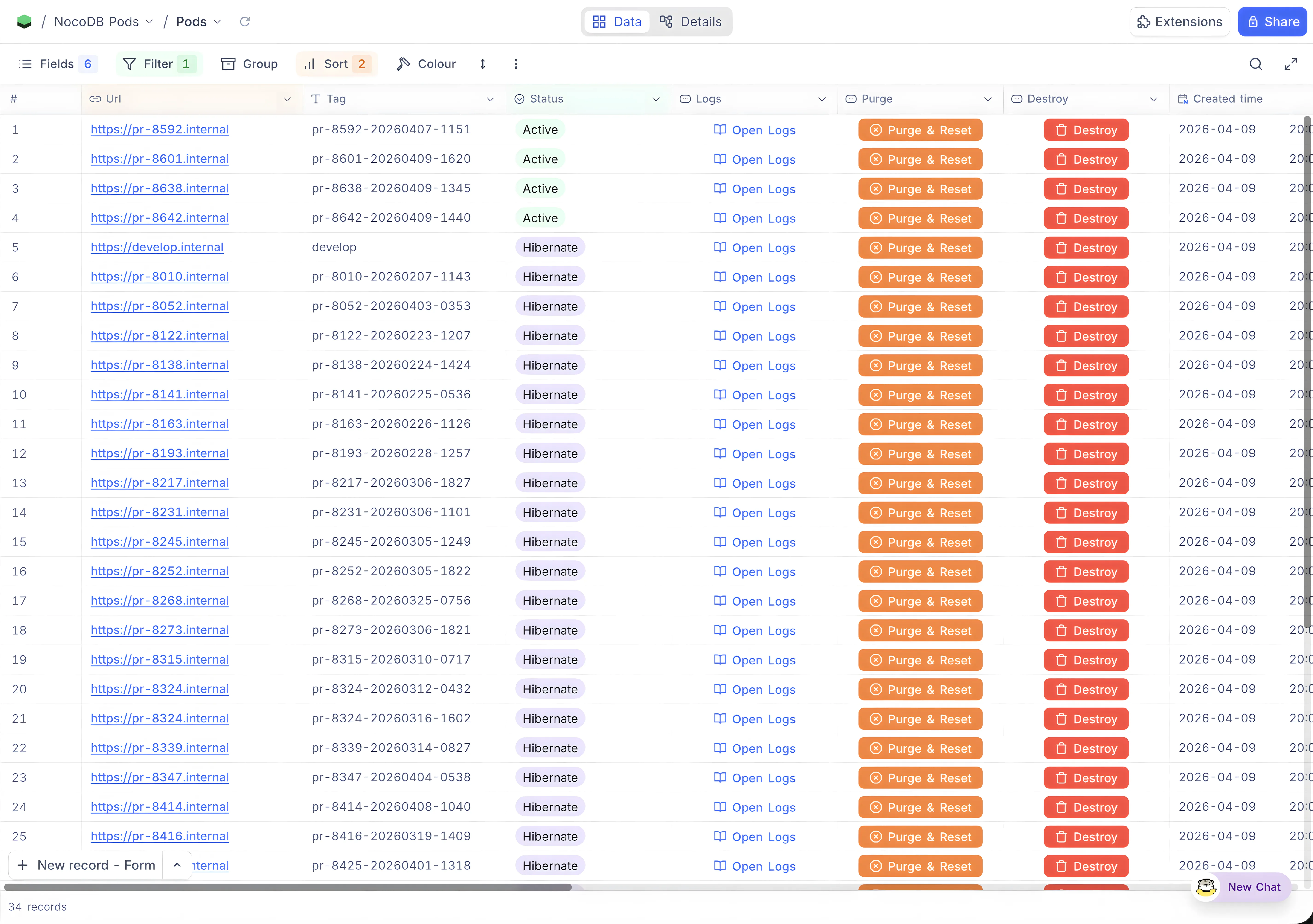 NocoDB tracking its own PR environments